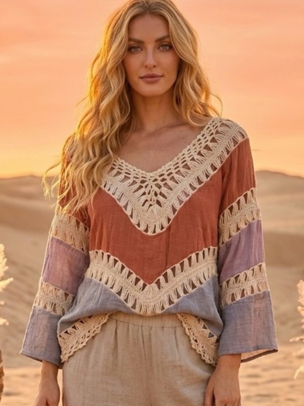 Anna-Kaci Women's Boho V-Neck Crochet Patchwork Colorblock Top Tunic Coverup